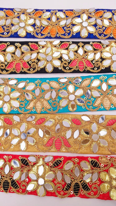 Beige Decorative Art Silk Fabric Trim, Mirrored Floral Embroidery, Embroidered Trim In Salmon Pink and Gold Approx. 40 mm Indian Laces